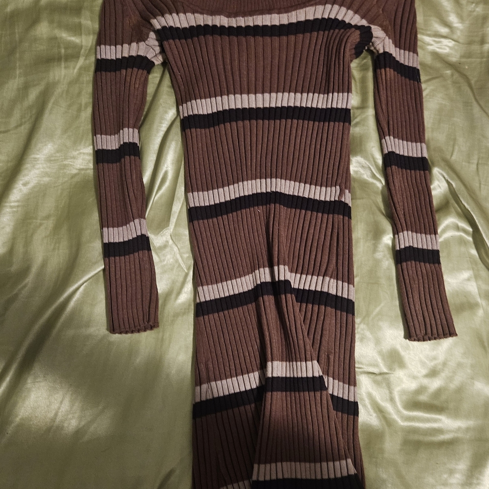 Love By Design Brown Striped Long Sleeve Ribbed Dress